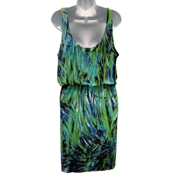 EMMA & MICHELE STRETCH KNIT TROPICAL BLOUSON SCOOP NECK TANK DRESS 14 - Picture 5 of 8